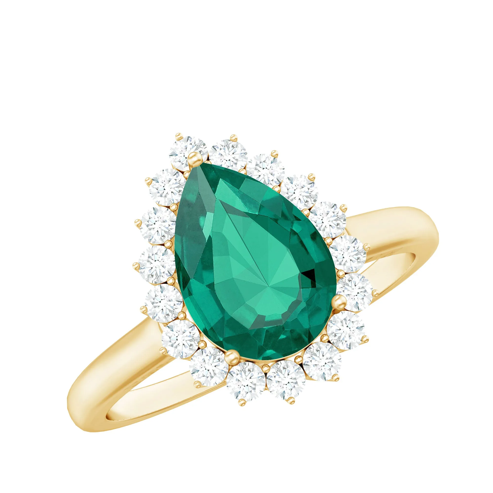 Pear Created Emerald and Diamond Halo Engagement Ring