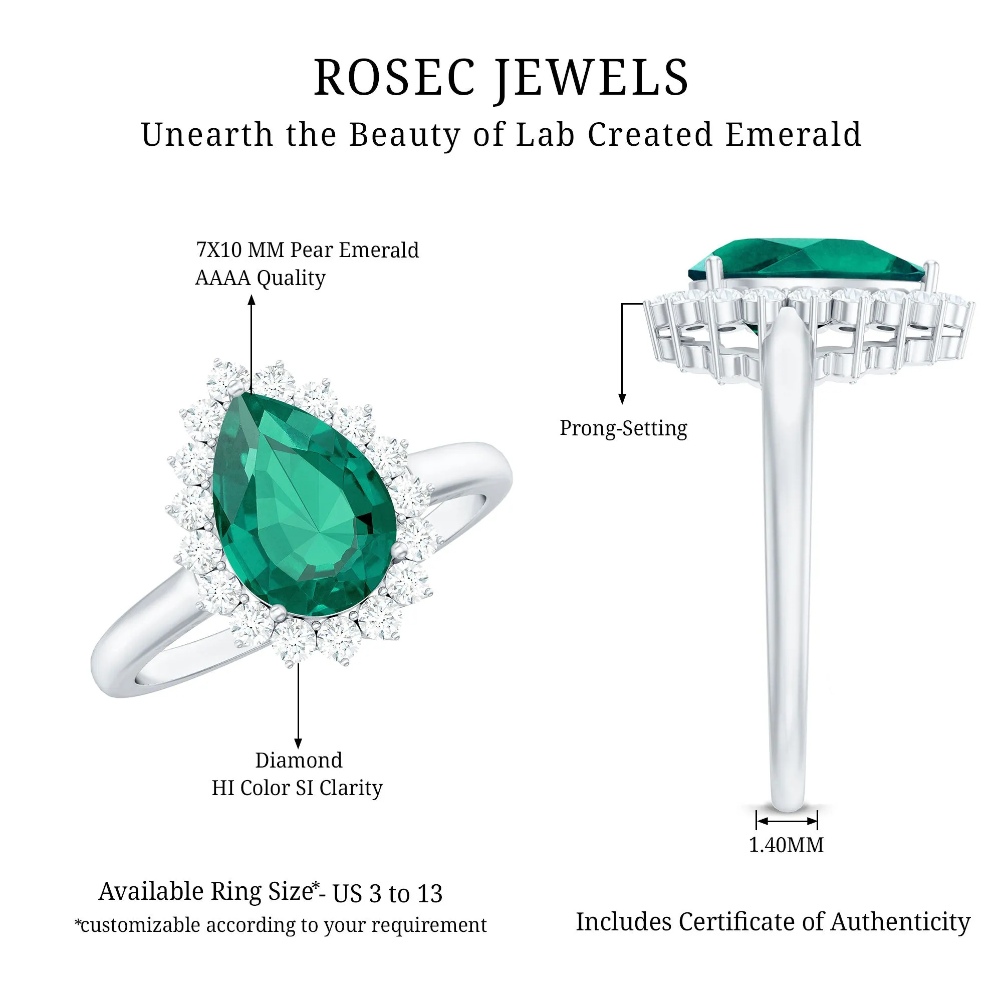 Pear Created Emerald and Diamond Halo Engagement Ring