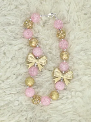 Pink & Gold Bow Pearl Bubblegum Necklace