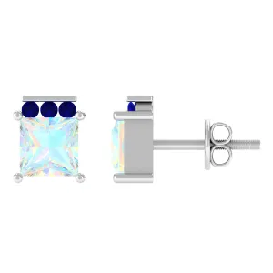 Princess Cut Ethiopian Opal Stud Earrings with Blue Sapphire Trio