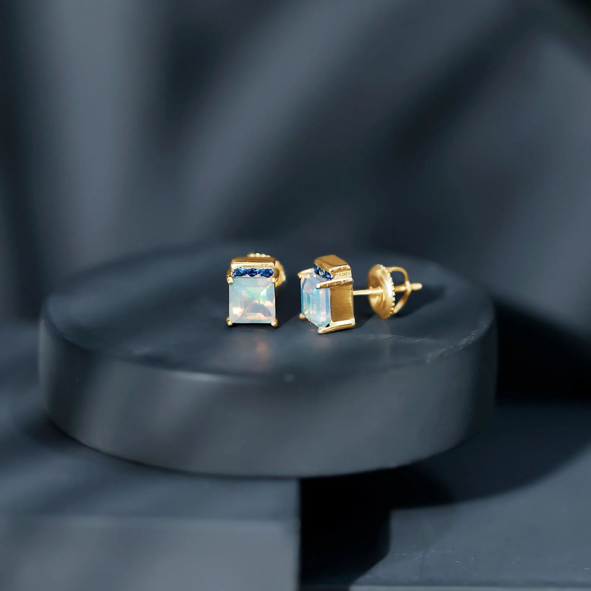 Princess Cut Ethiopian Opal Stud Earrings with Blue Sapphire Trio