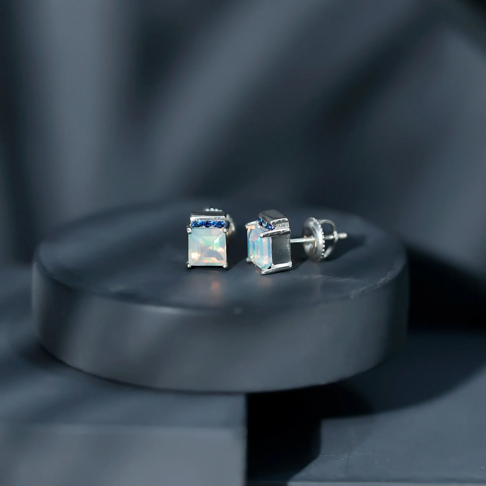 Princess Cut Ethiopian Opal Stud Earrings with Blue Sapphire Trio