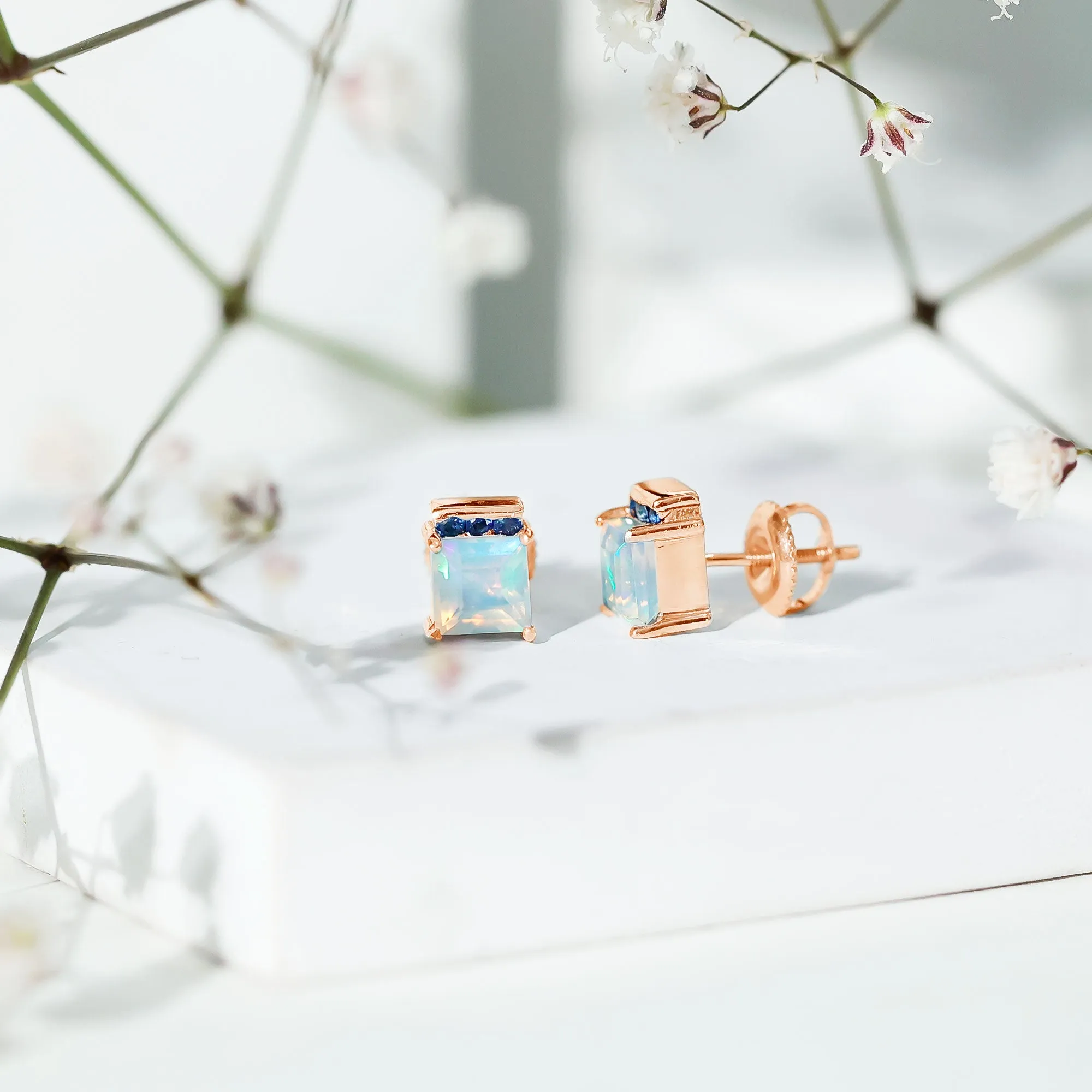 Princess Cut Ethiopian Opal Stud Earrings with Blue Sapphire Trio