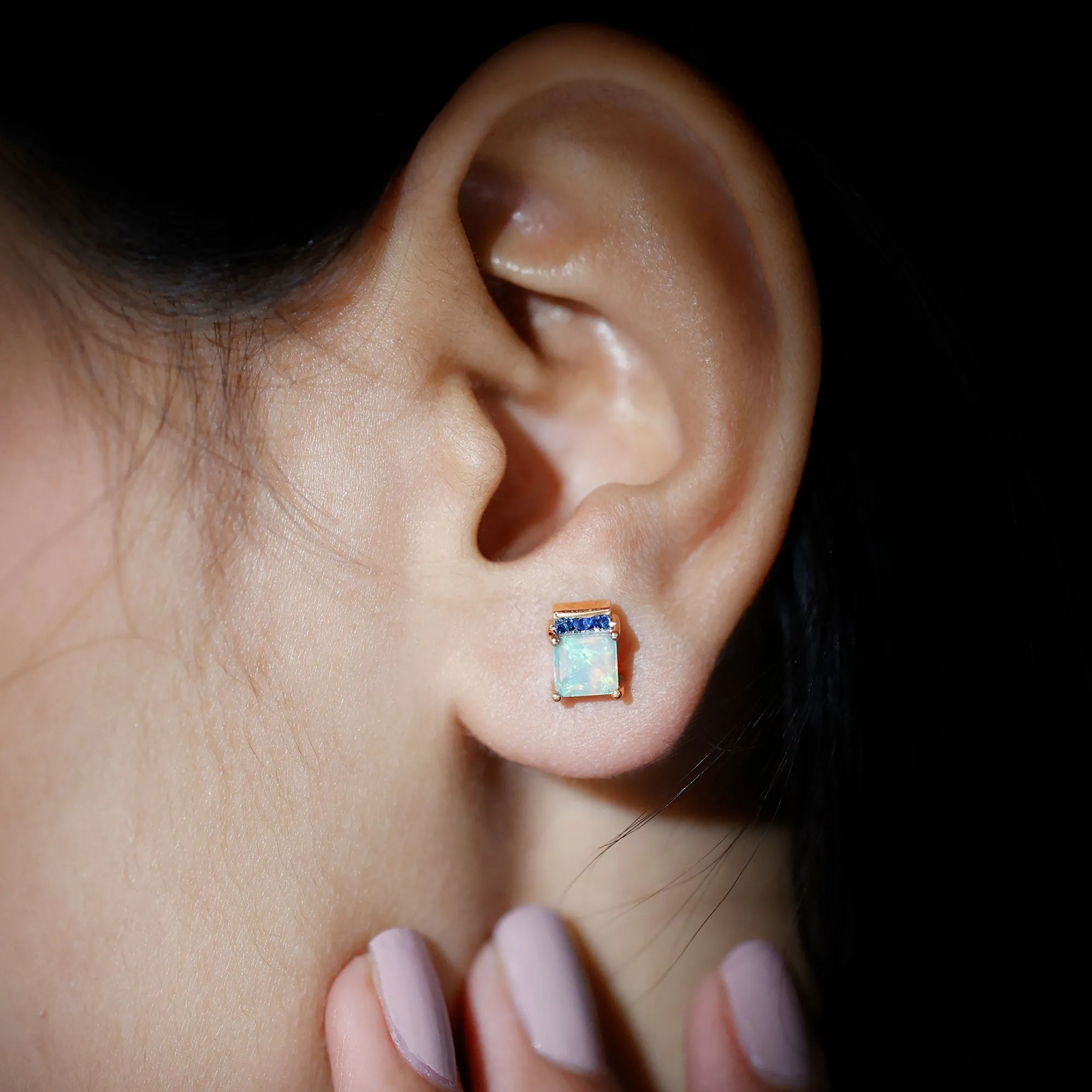 Princess Cut Ethiopian Opal Stud Earrings with Blue Sapphire Trio