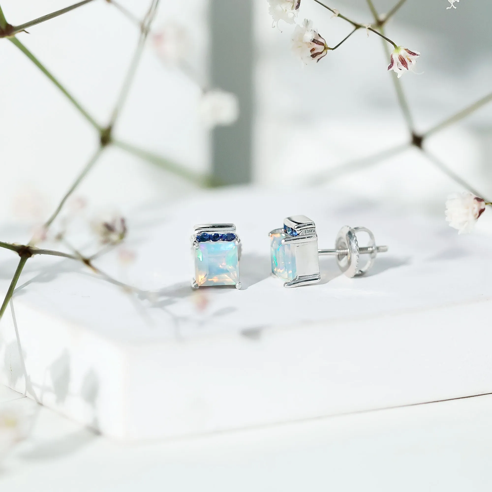 Princess Cut Ethiopian Opal Stud Earrings with Blue Sapphire Trio