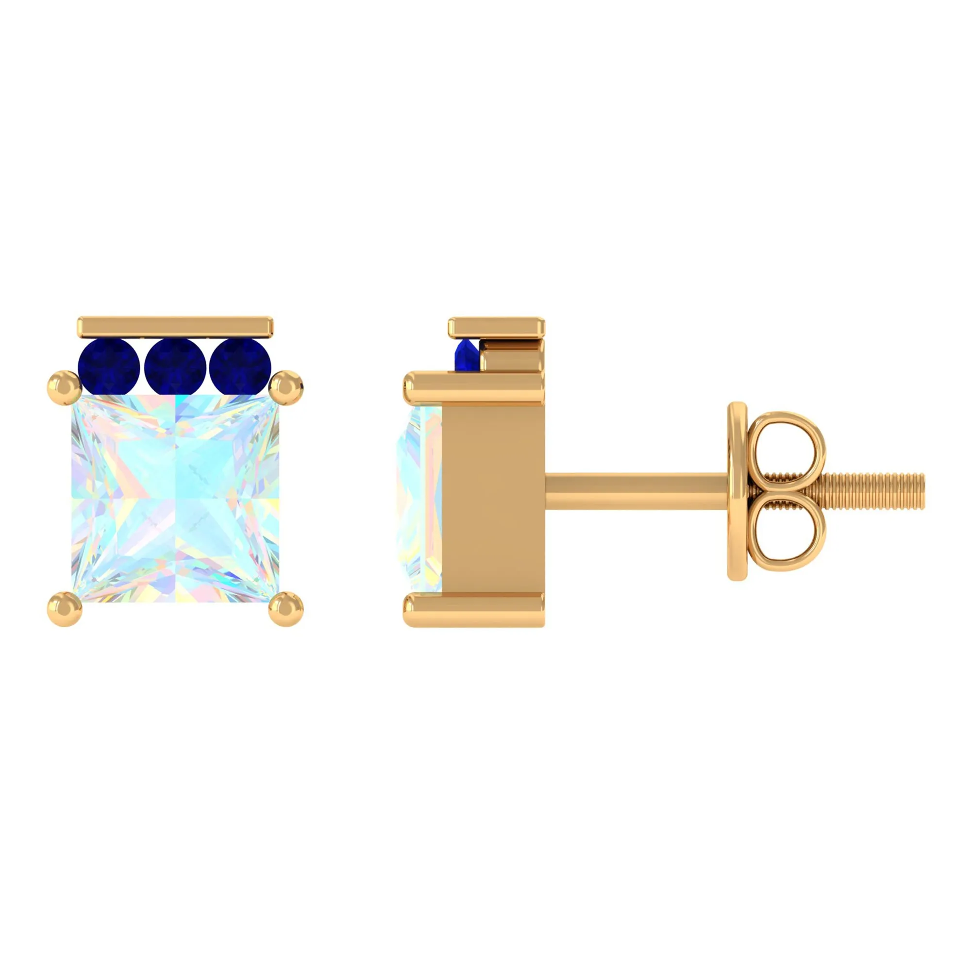 Princess Cut Ethiopian Opal Stud Earrings with Blue Sapphire Trio