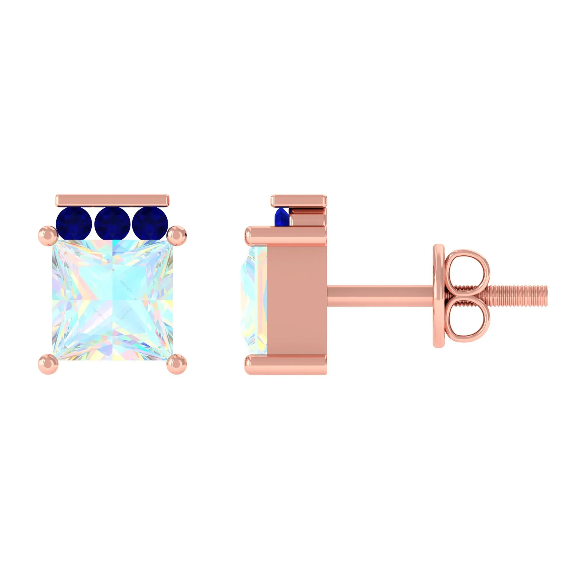 Princess Cut Ethiopian Opal Stud Earrings with Blue Sapphire Trio