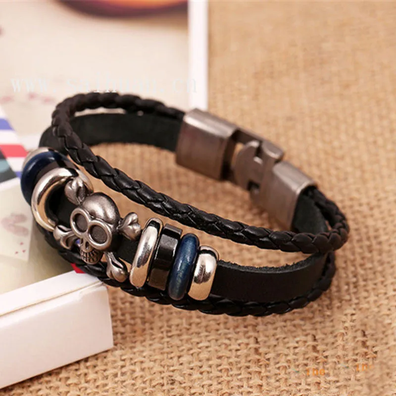 Pulseras Bracelets Man Jewelry Braided Skull Leather Bracelets