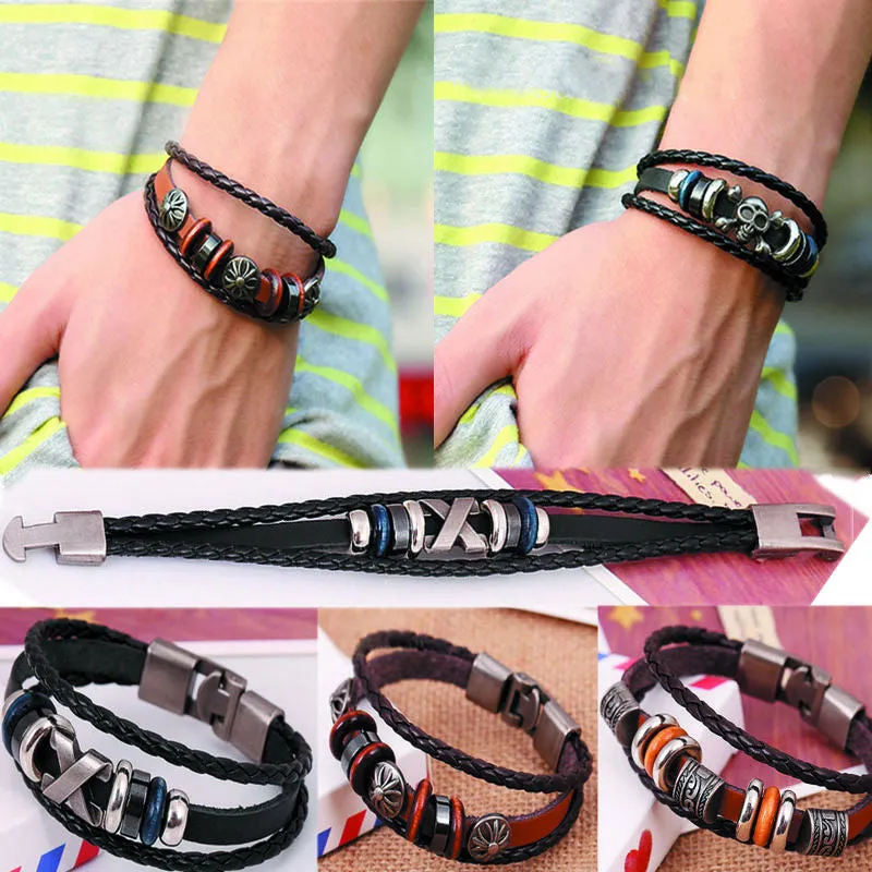 Pulseras Bracelets Man Jewelry Braided Skull Leather Bracelets