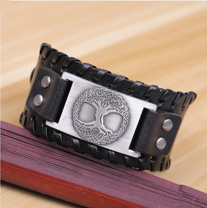 Punk Charm Braided Rope Leather Wide Alloy Cuff Bracelet