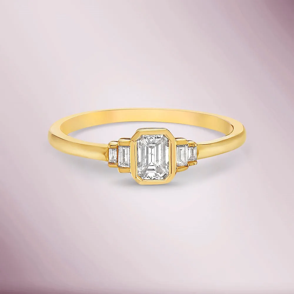 Ready to Ship Emerald Cut Diamond & Baguette Ring (0.44 ct.) Bezel Set in 14K Gold