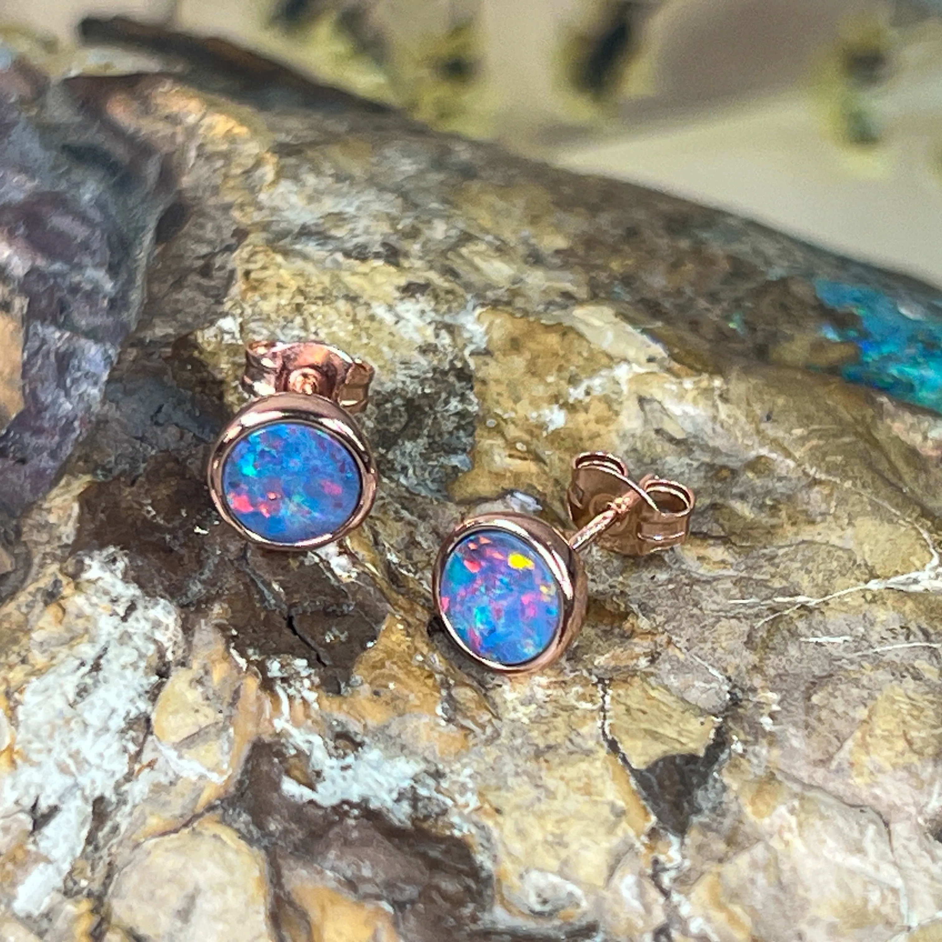 Rose Gold plated Silver 6.5mm Round Opal doublet studs