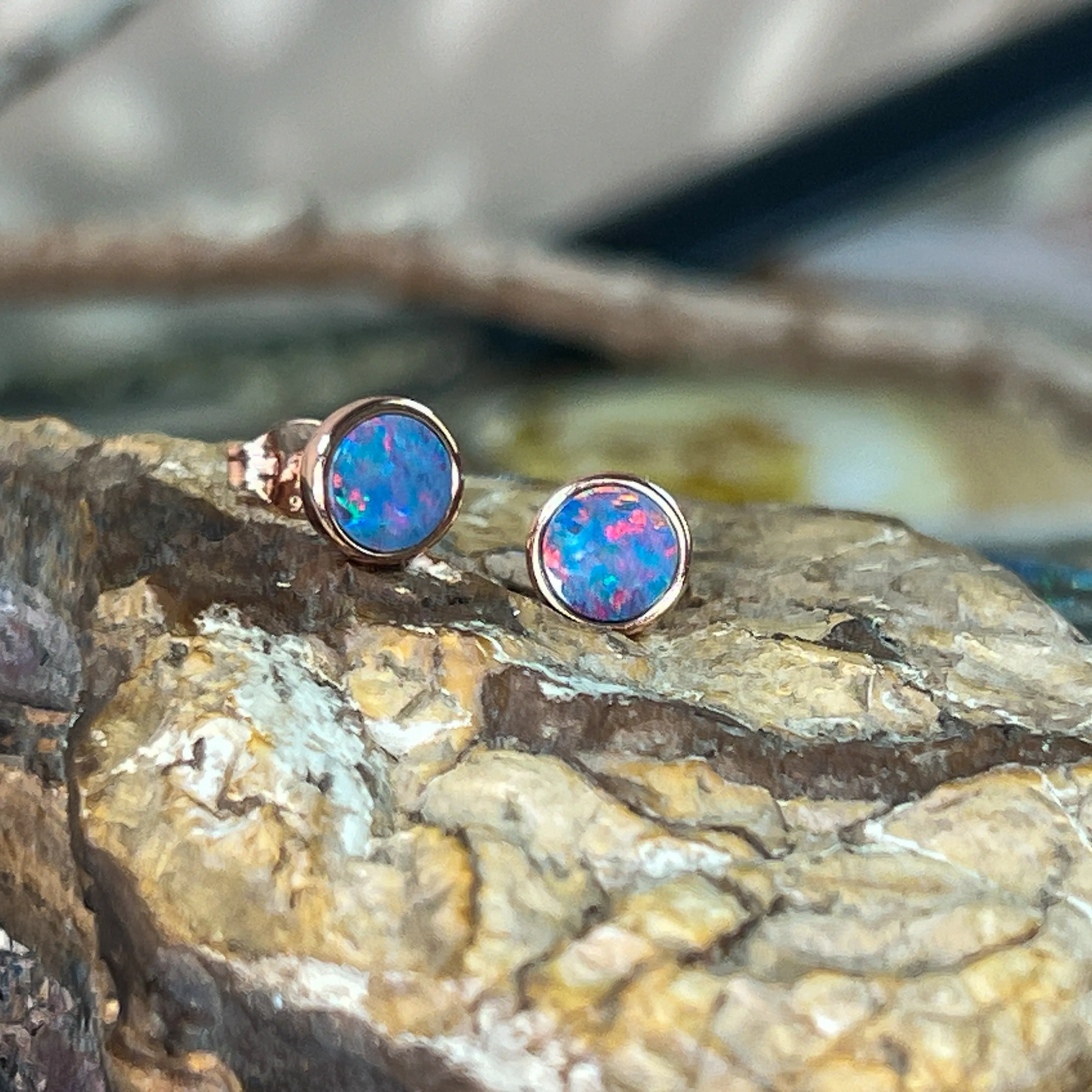 Rose Gold plated Silver 6.5mm Round Opal doublet studs