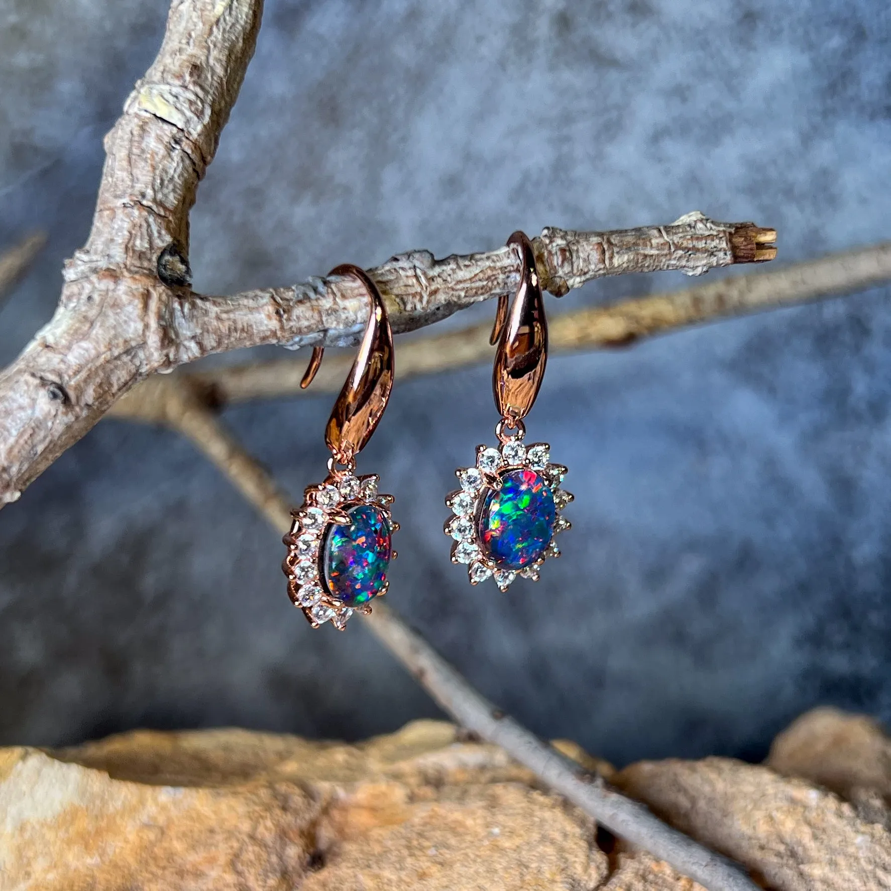 Rose Gold plated silver dangling hook style Opal triplet cluster earrings