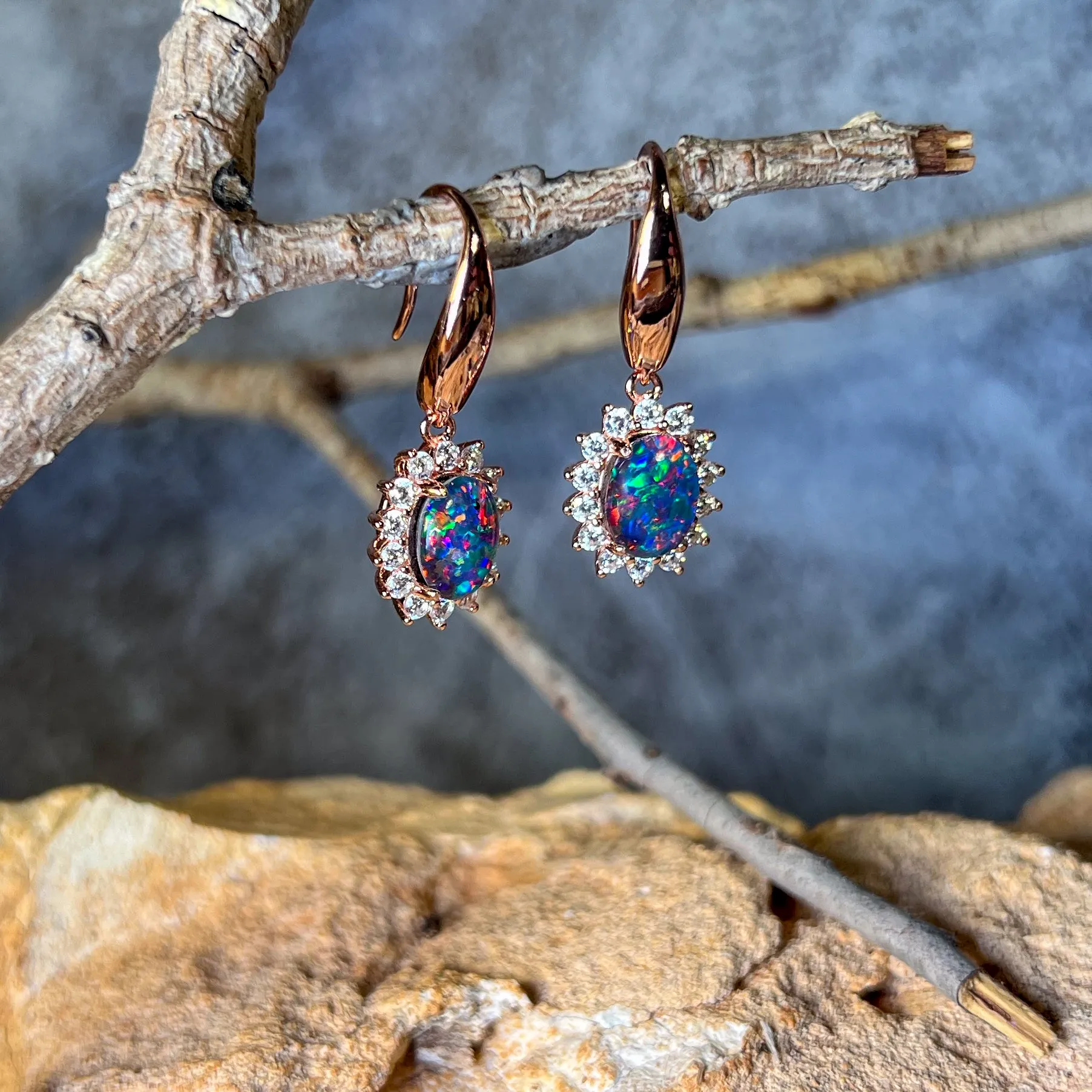 Rose Gold plated silver dangling hook style Opal triplet cluster earrings