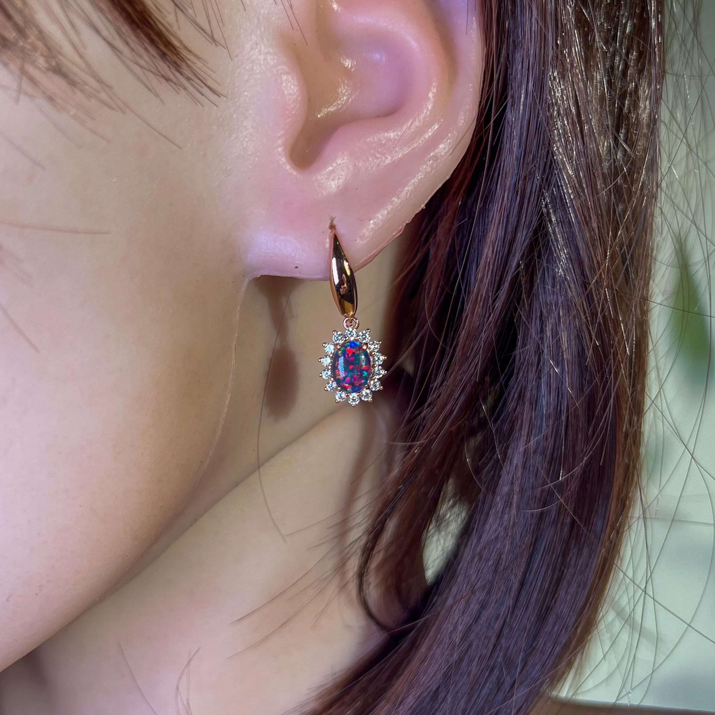 Rose Gold plated silver dangling hook style Opal triplet cluster earrings