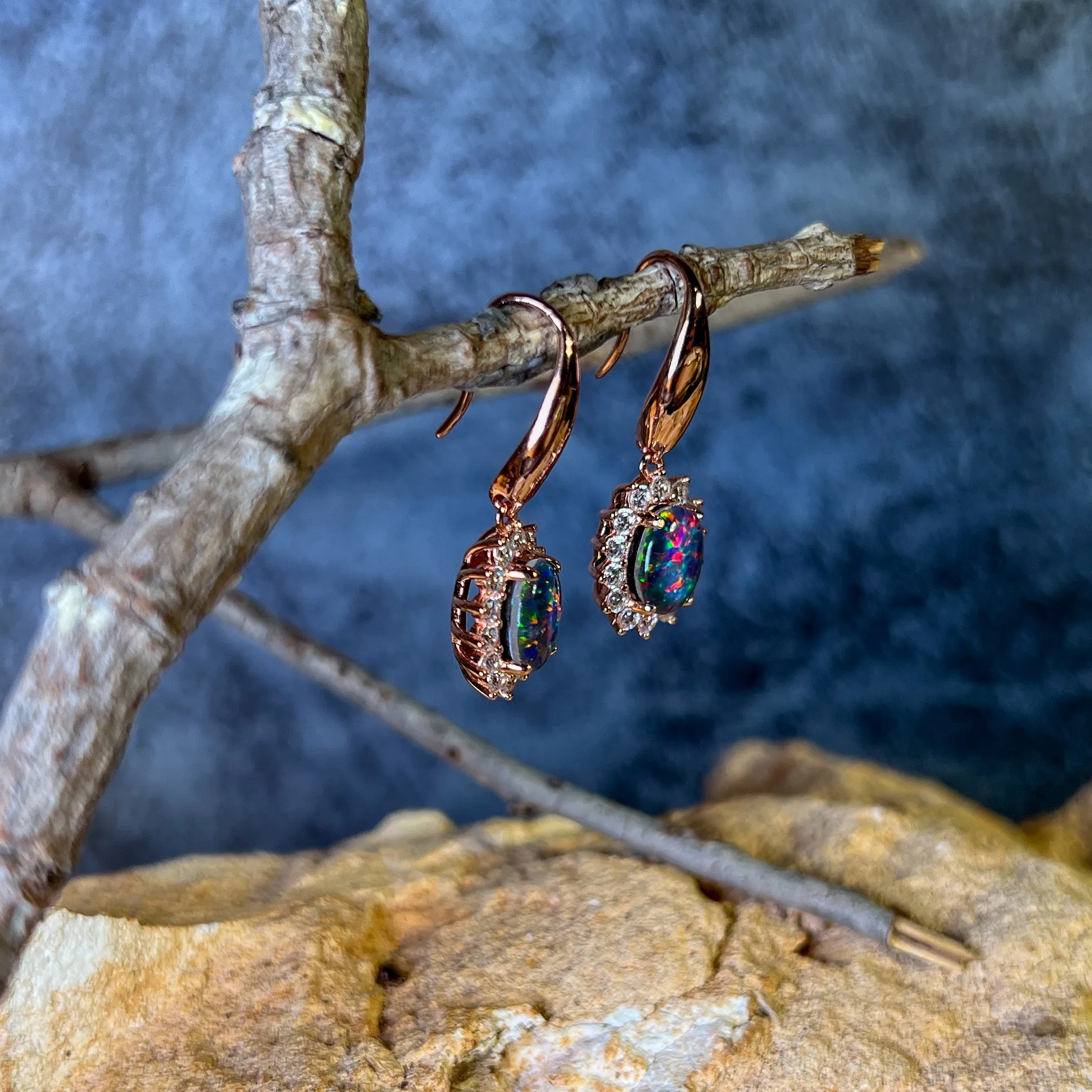 Rose Gold plated silver dangling hook style Opal triplet cluster earrings