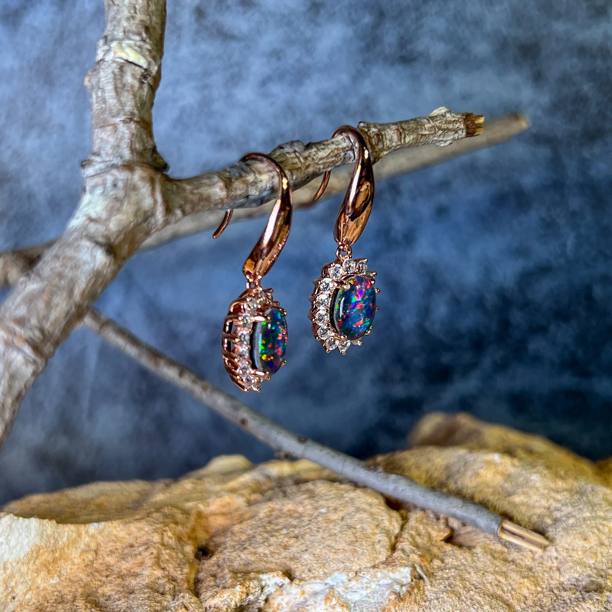 Rose Gold plated silver dangling hook style Opal triplet cluster earrings