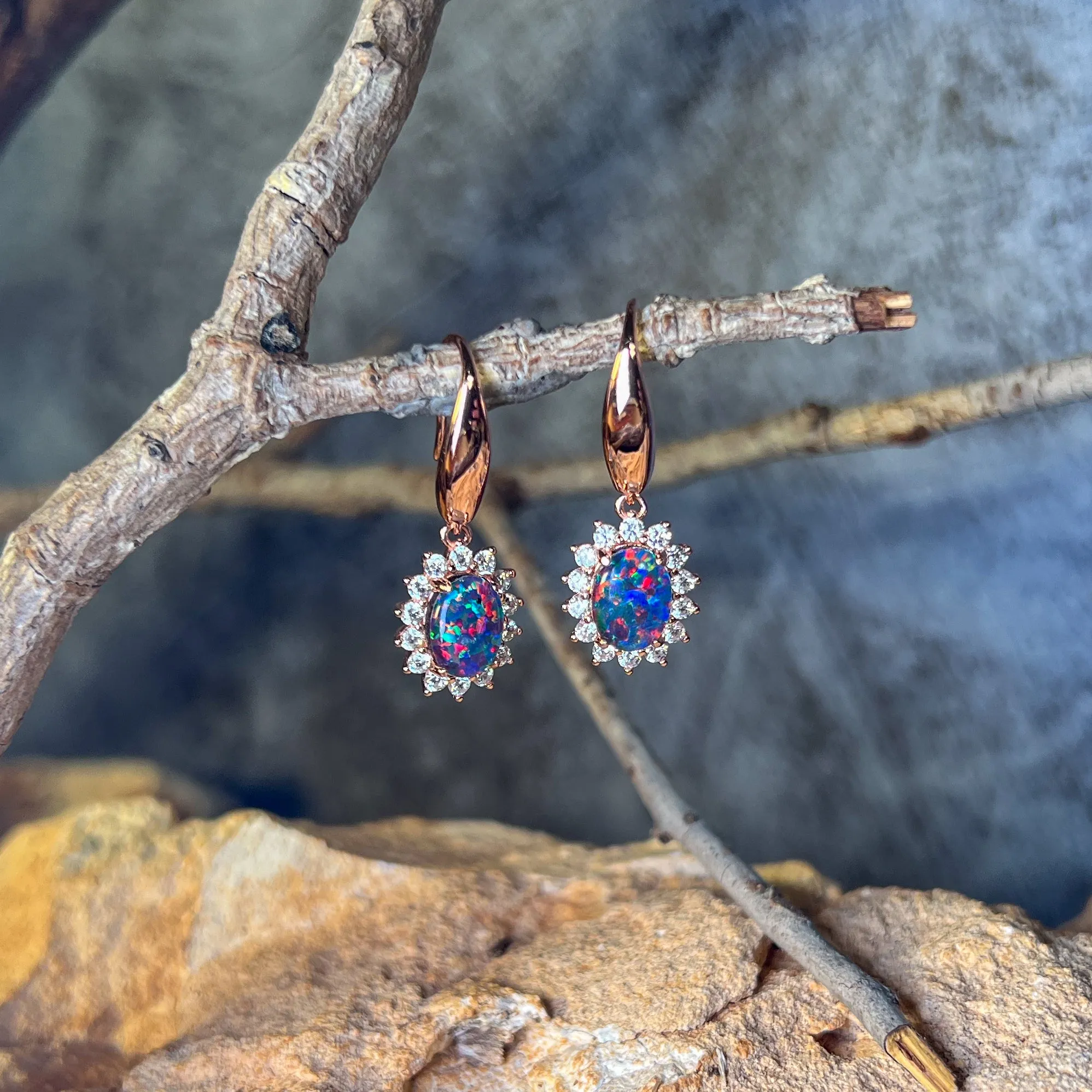 Rose Gold plated silver dangling hook style Opal triplet cluster earrings