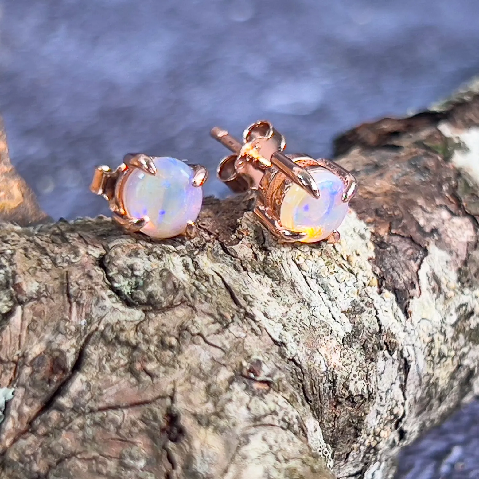 Rose Gold plated Sterling Silver 5mm Round Light Opal claw studs