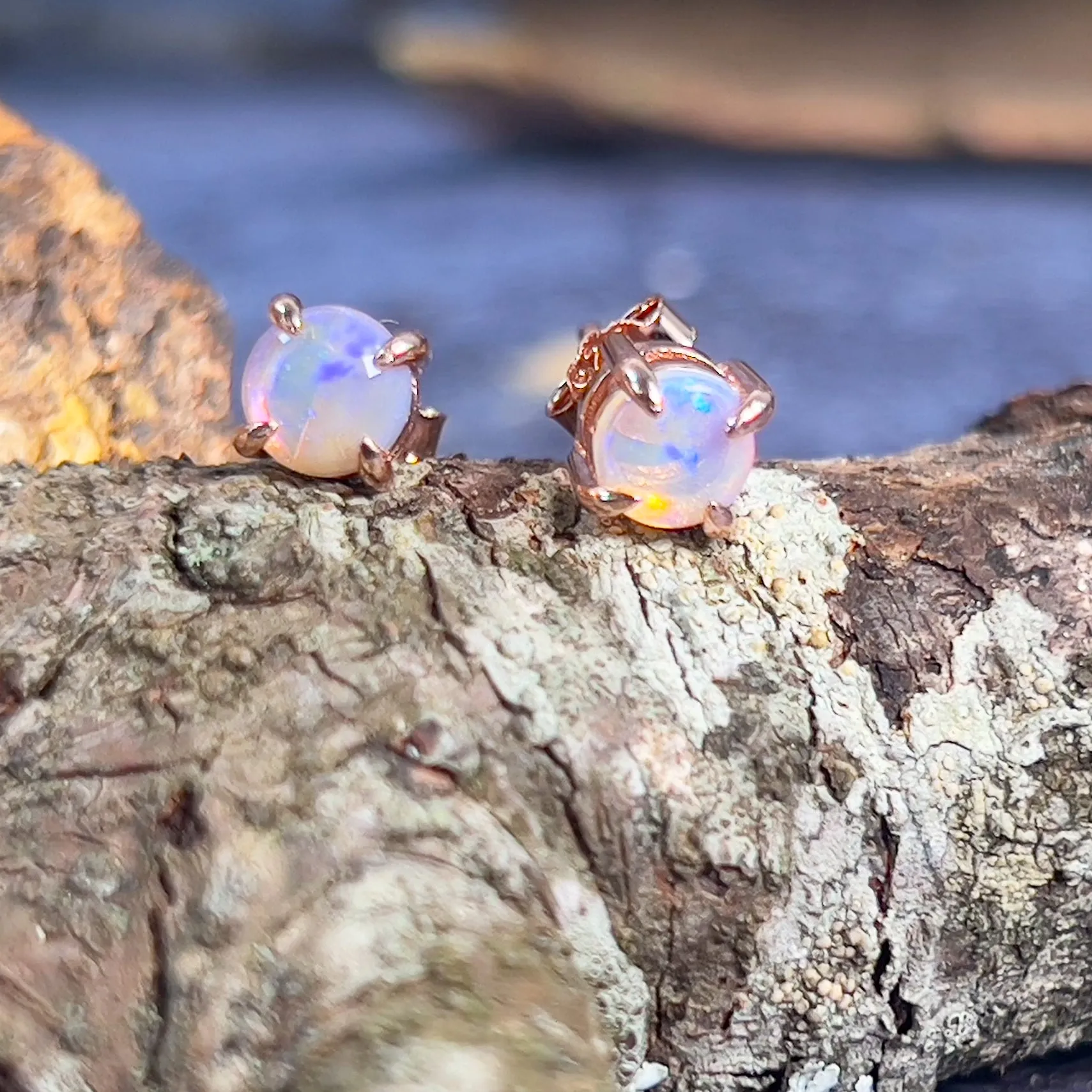 Rose Gold plated Sterling Silver 5mm Round Light Opal claw studs