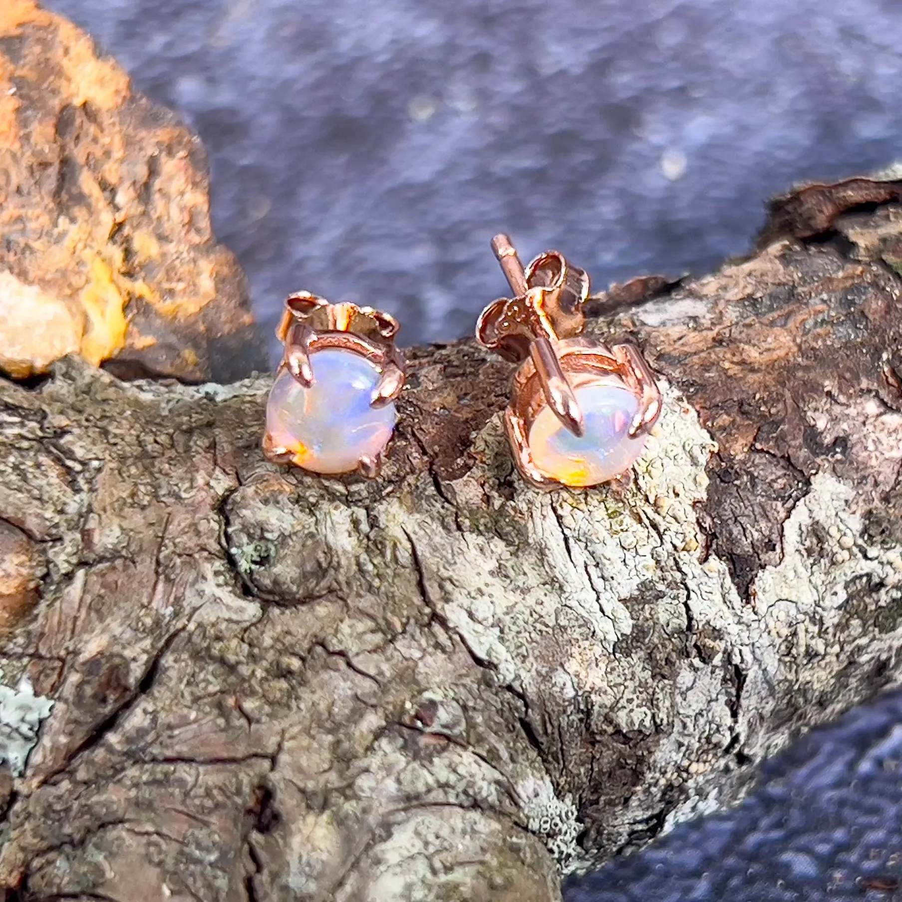 Rose Gold plated Sterling Silver 5mm Round Light Opal claw studs