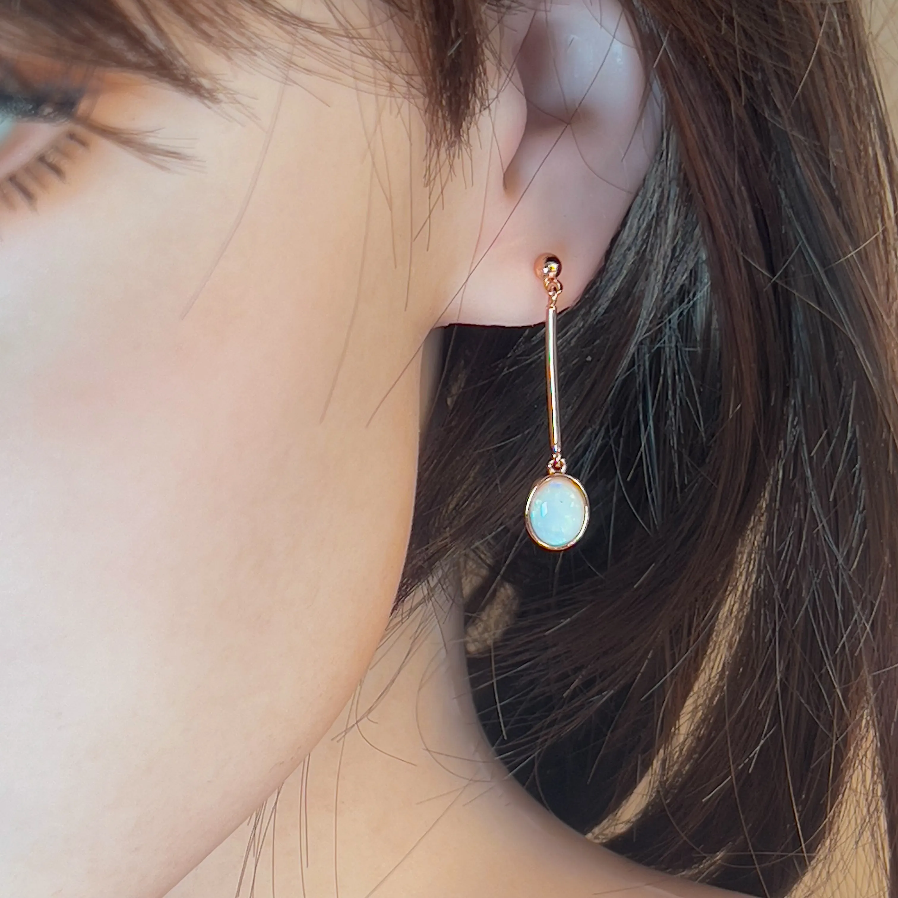 Rose Gold plated Sterling Silver White Opal dangling bar style earrings