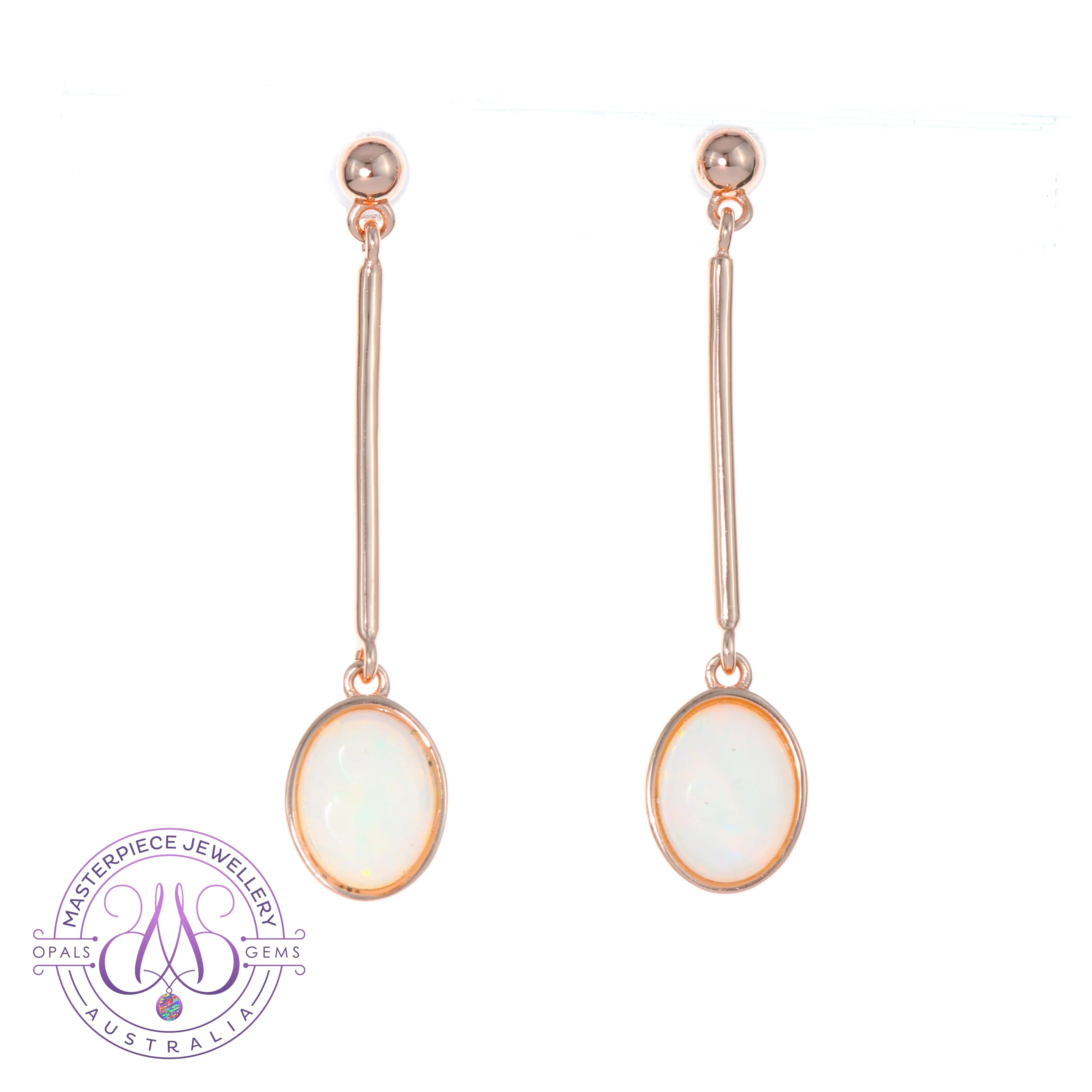 Rose Gold plated Sterling Silver White Opal dangling bar style earrings