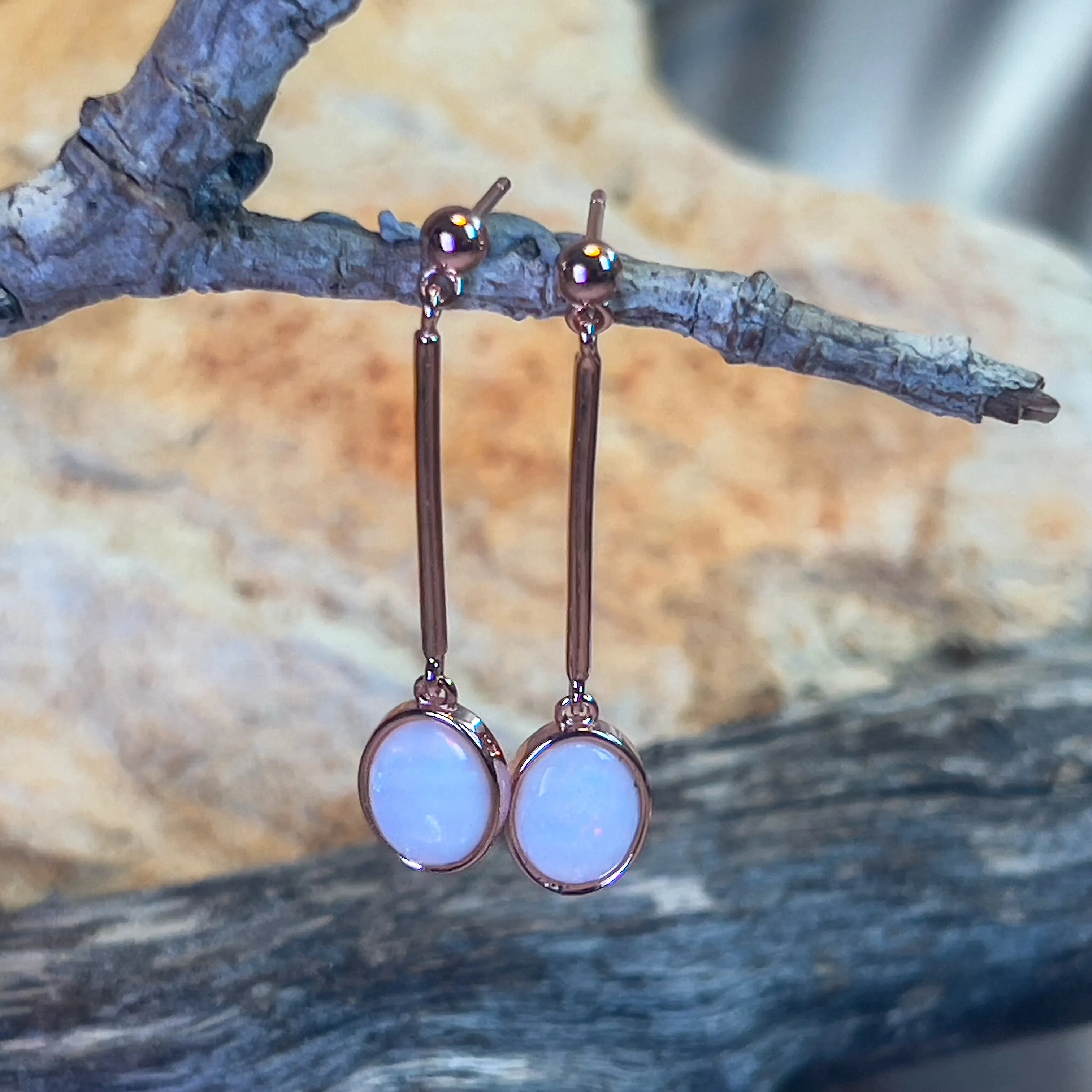 Rose Gold plated Sterling Silver White Opal dangling bar style earrings