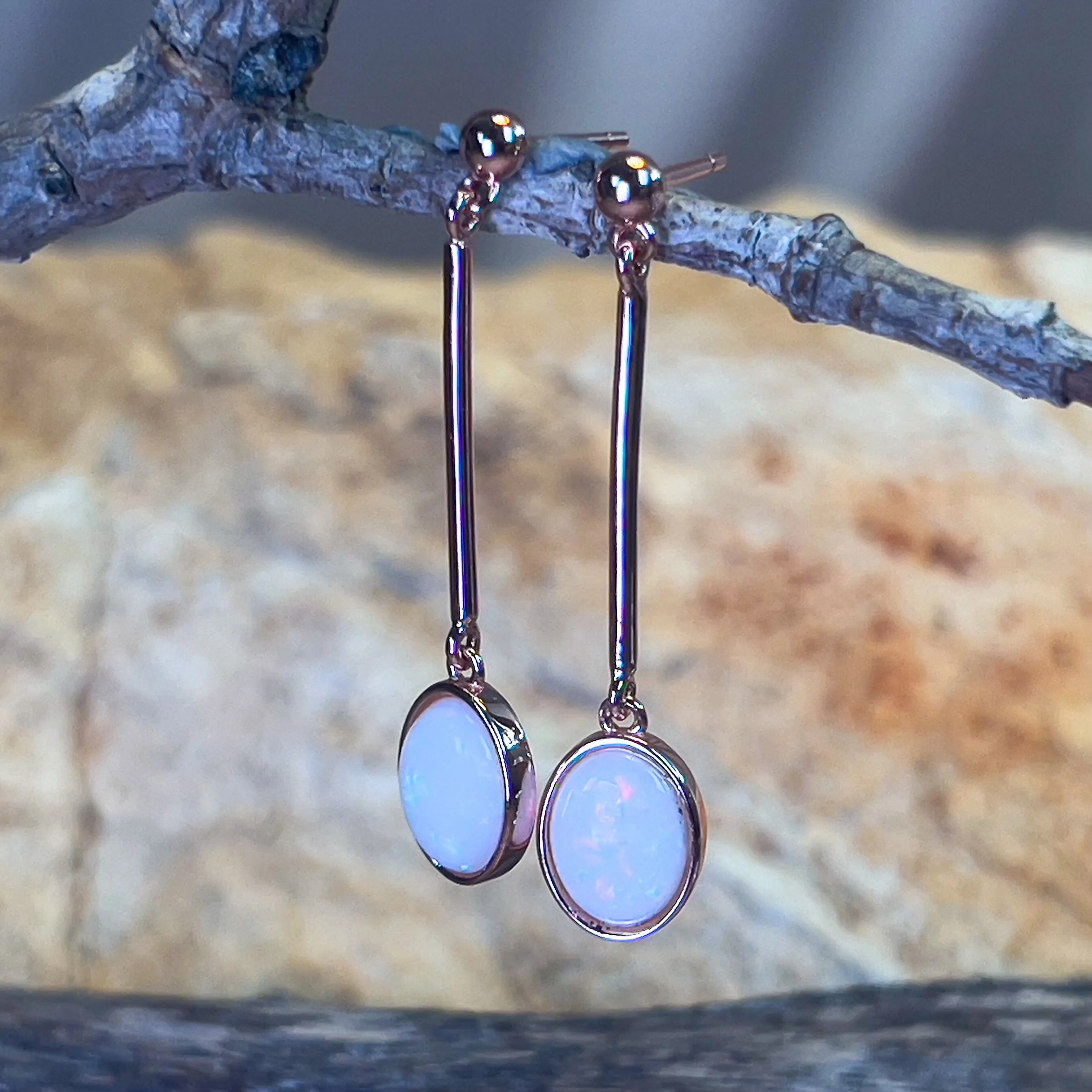 Rose Gold plated Sterling Silver White Opal dangling bar style earrings