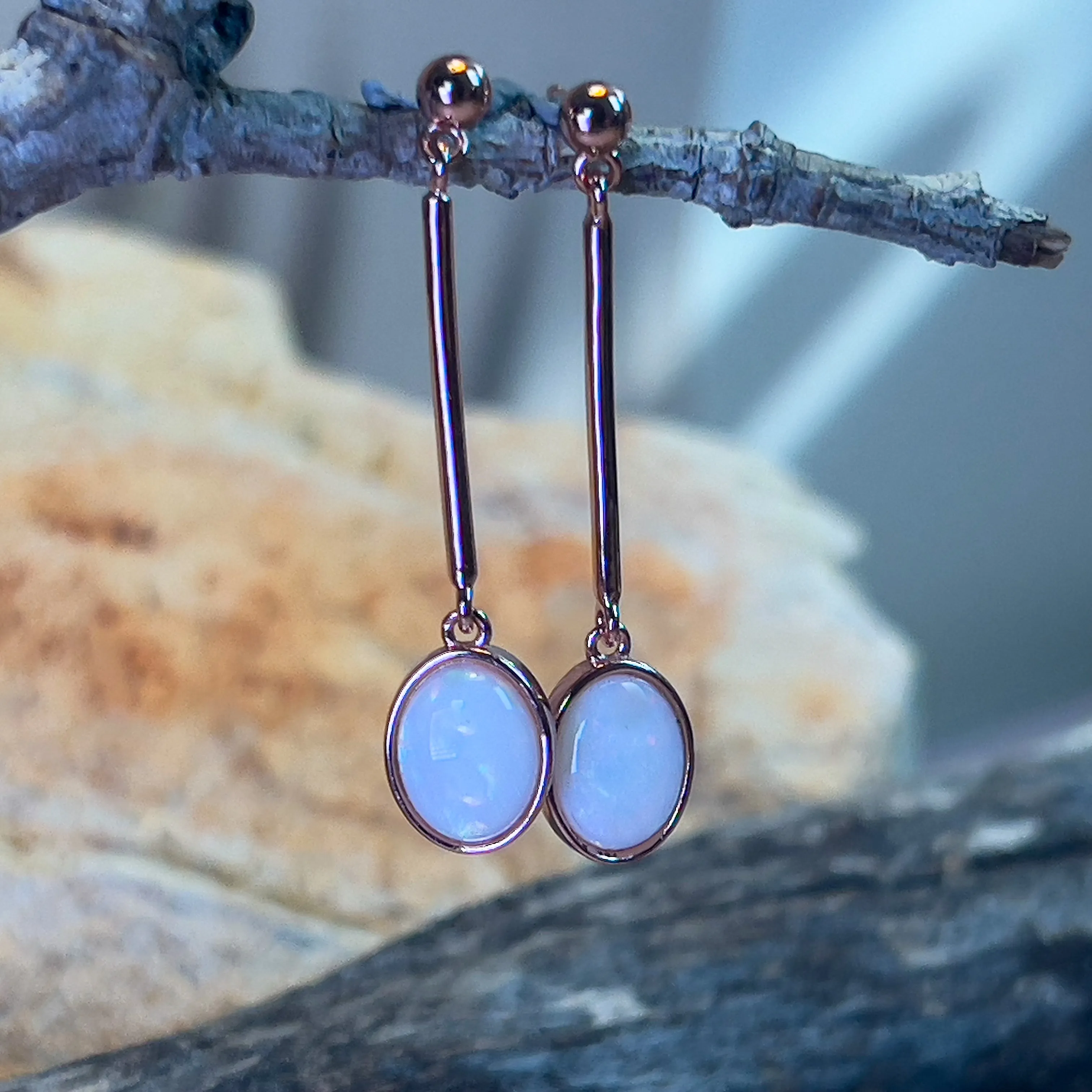 Rose Gold plated Sterling Silver White Opal dangling bar style earrings