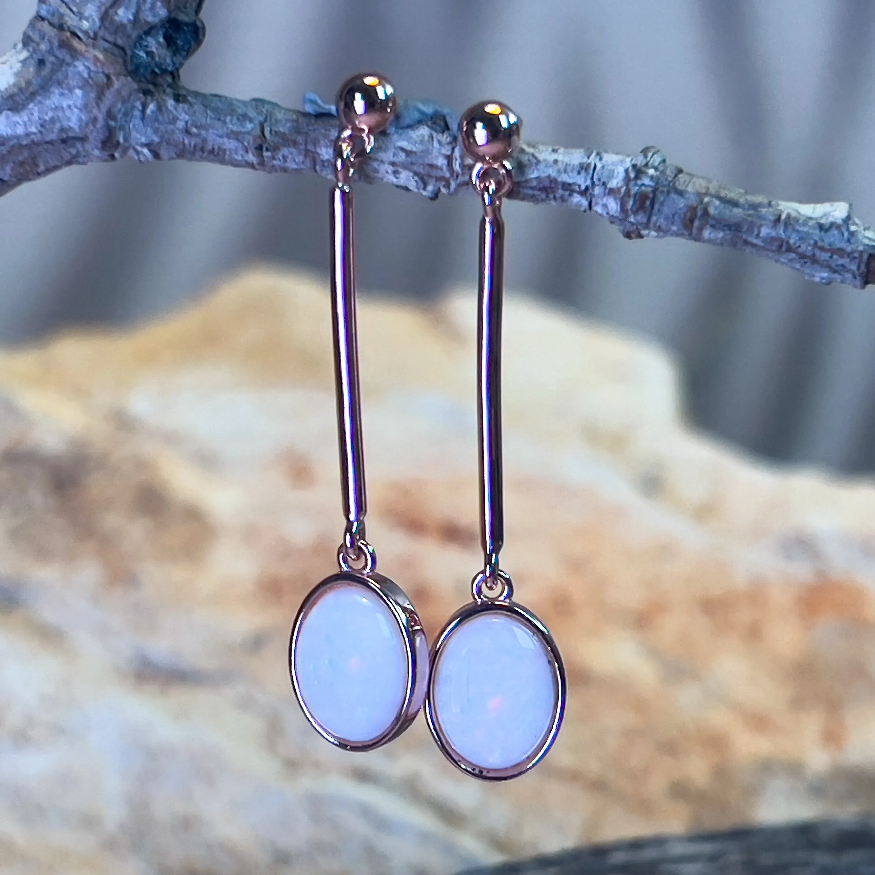 Rose Gold plated Sterling Silver White Opal dangling bar style earrings