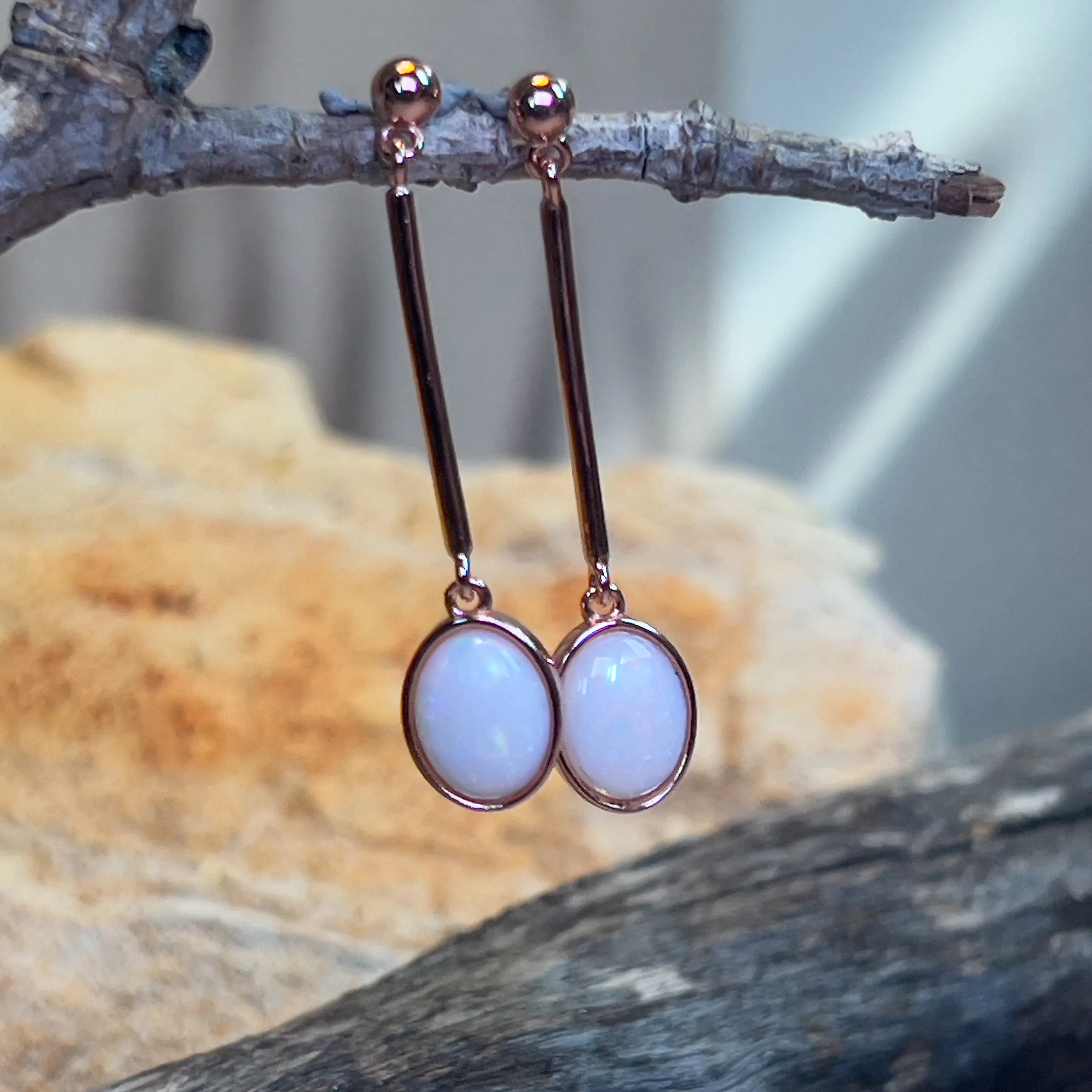 Rose Gold plated Sterling Silver White Opal dangling bar style earrings