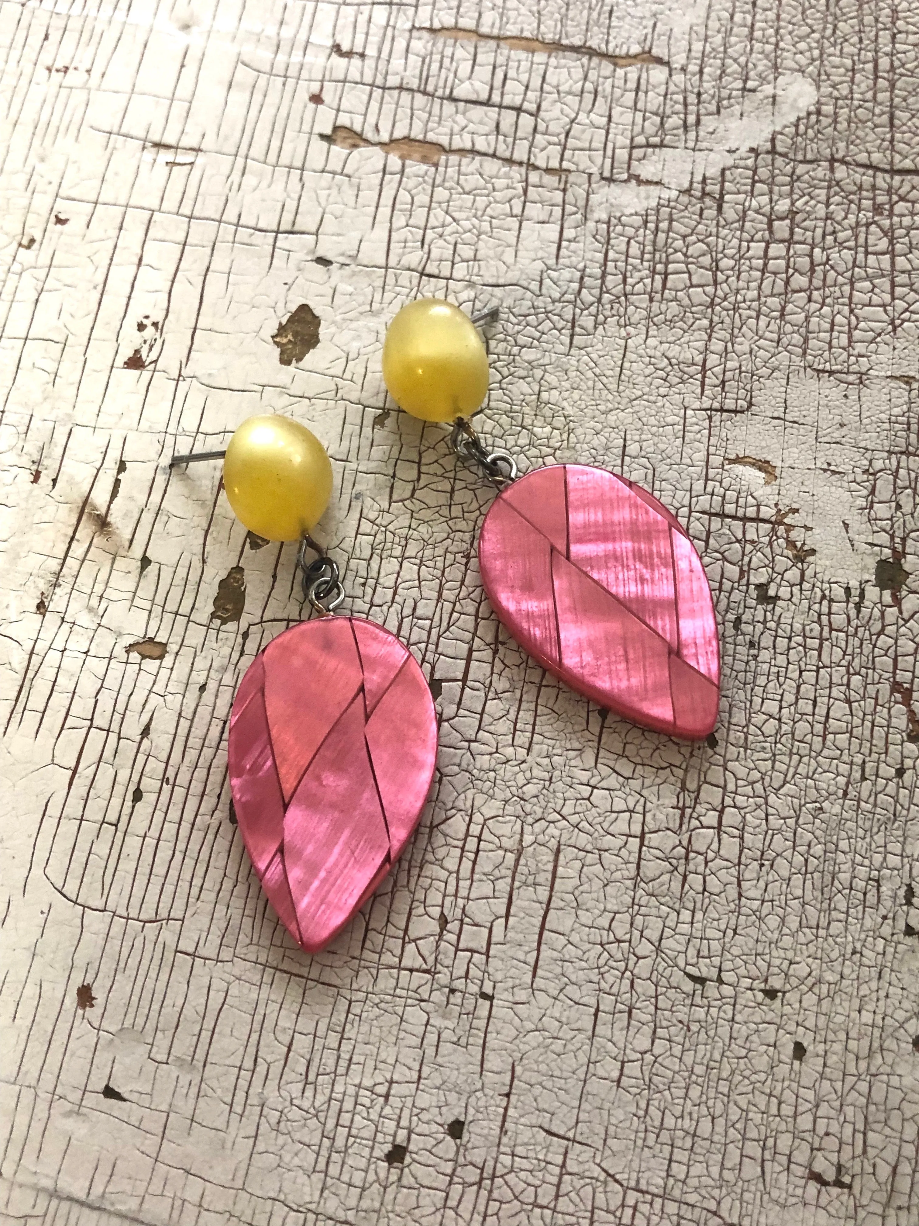 Rose Pink & Golden Yellow Moonglow Retro Geo Drop Earrings