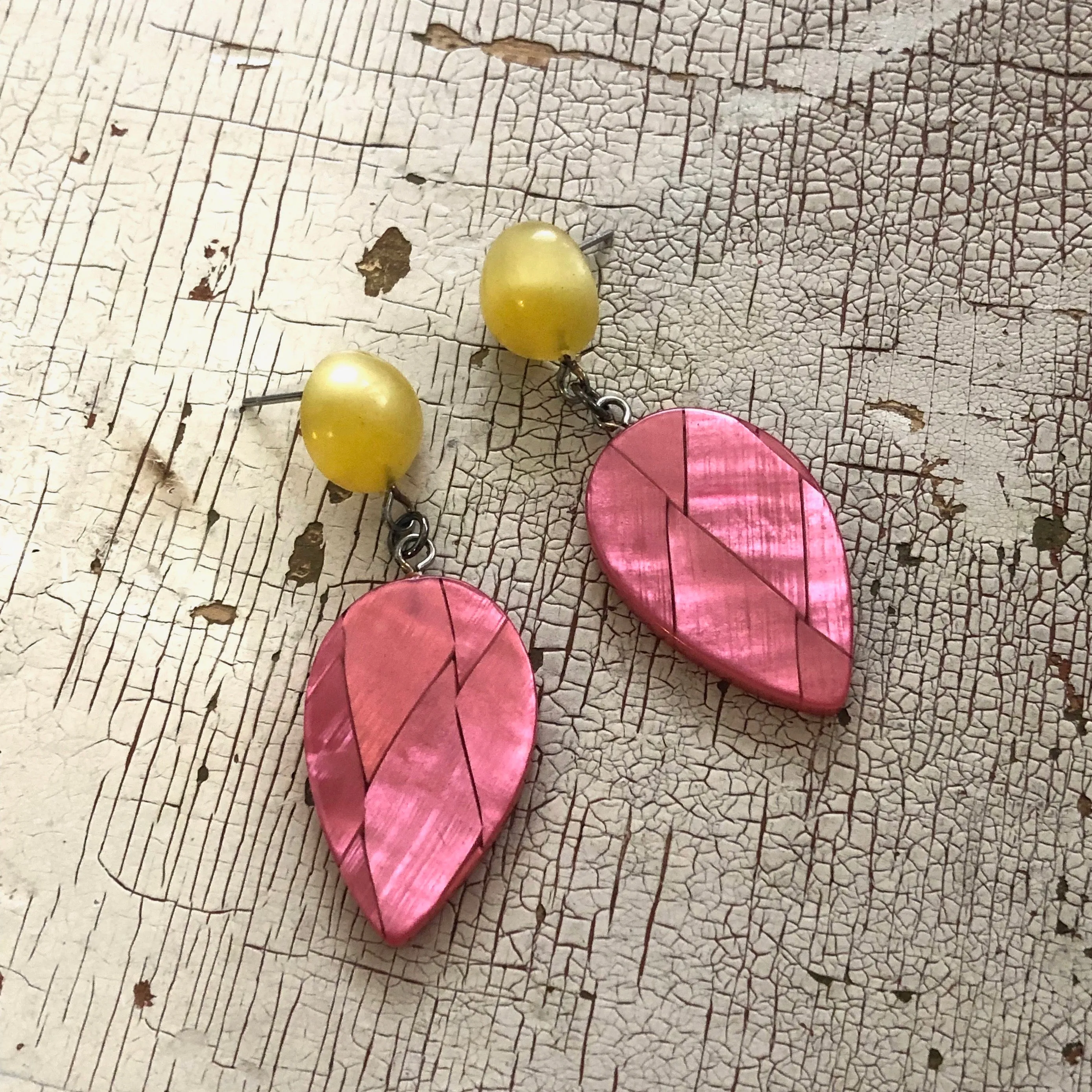 Rose Pink & Golden Yellow Moonglow Retro Geo Drop Earrings