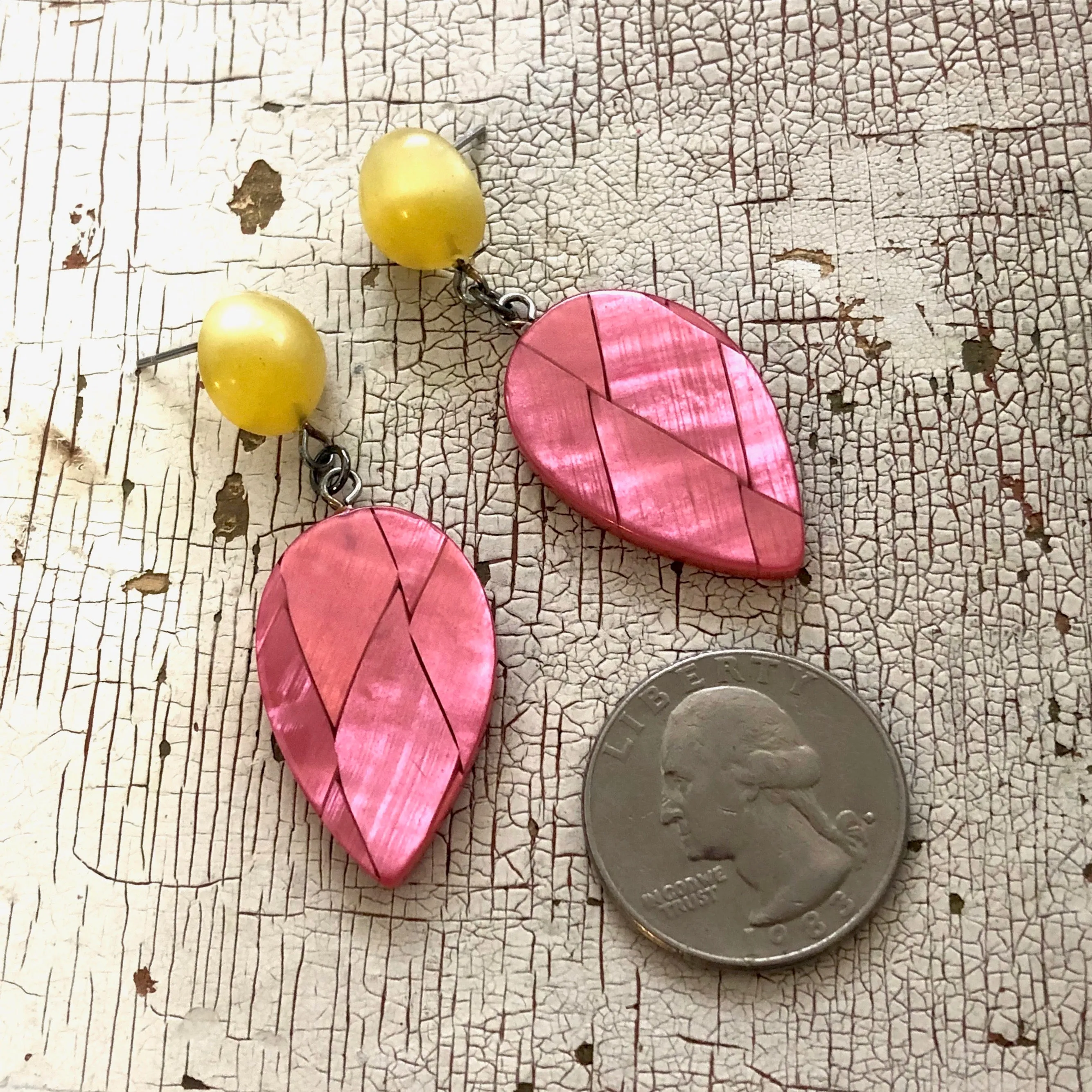 Rose Pink & Golden Yellow Moonglow Retro Geo Drop Earrings