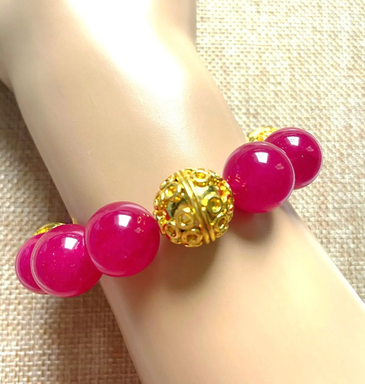 Rose Ruby Quartz Gemstones and Ornate Gold Bali Beaded Bracelet