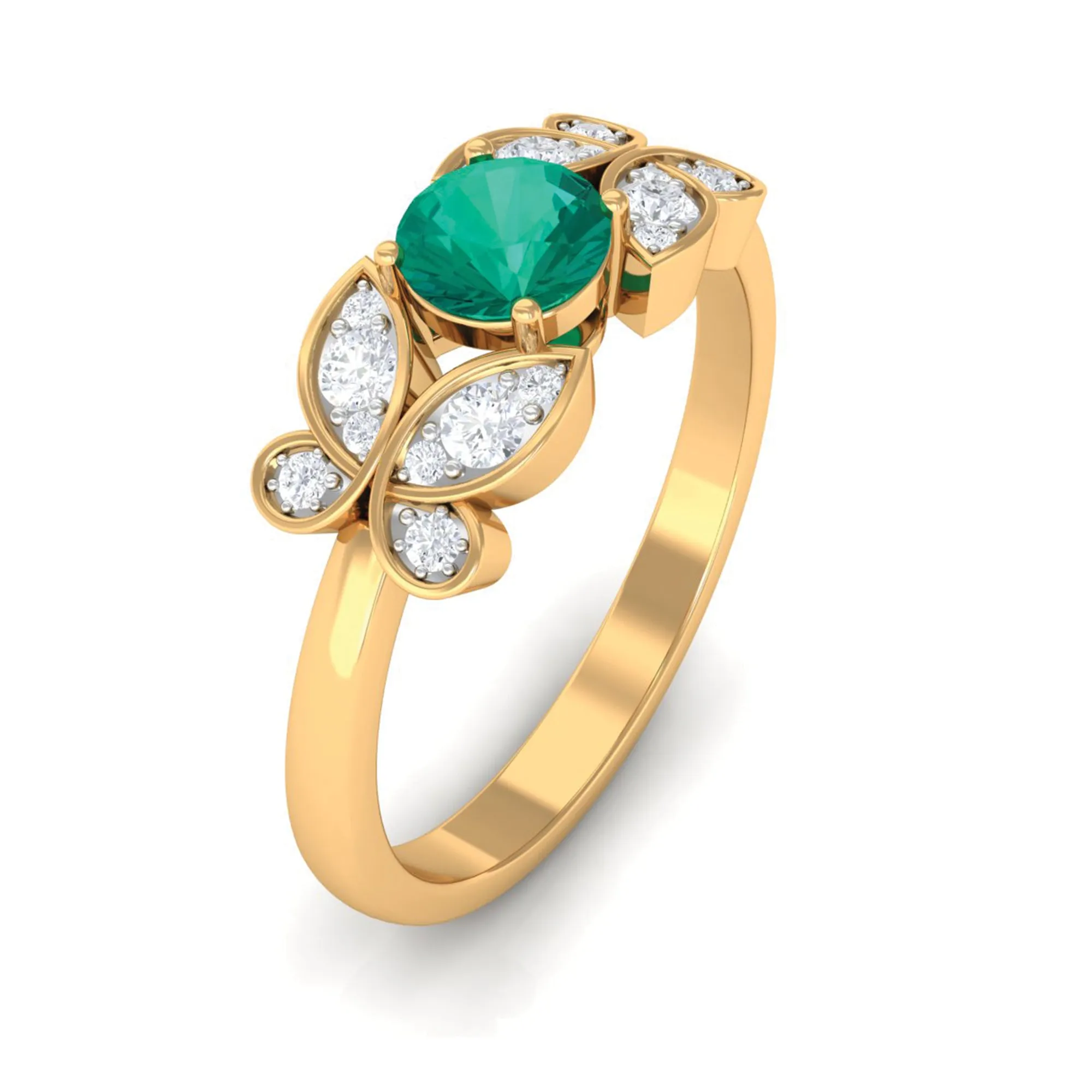 Round Emerald Butterfly Engagement Ring with Diamond