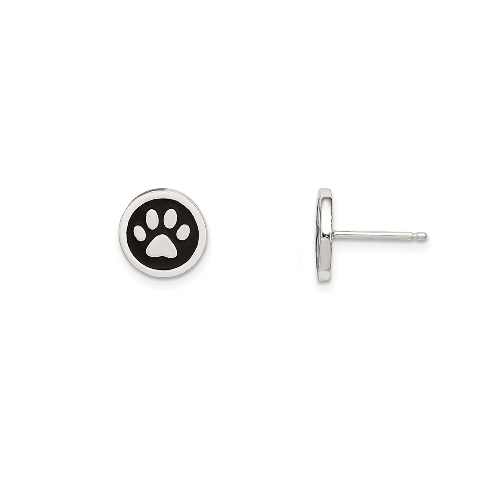 Round Enamel Paw Print Stud Earrings (Silver)