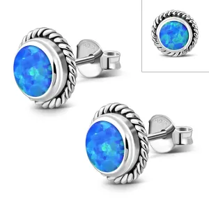 Round Synthetic Blue Opal Stud Silver Earrings