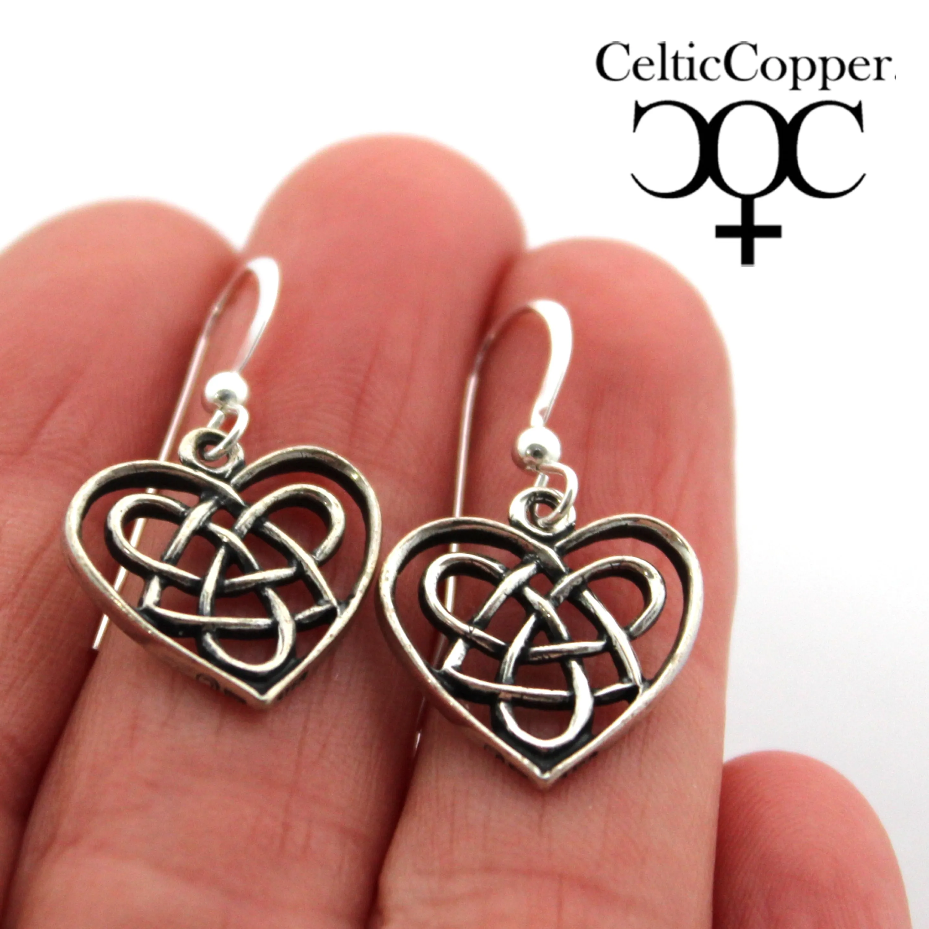 Sterling Silver Celtic Knotwork Heart Earrings Solid Silver Heart Shaped Drop Earrings