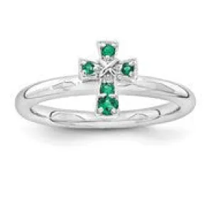 Sterling Silver w/Rhodium Emerald Cross Ring