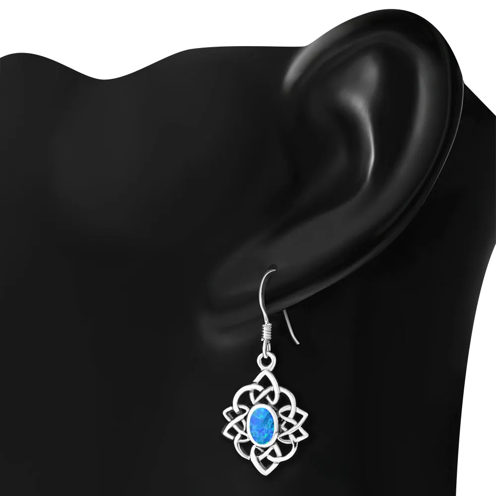 Synthetic Blue Opal Celtic Knot Oval Silver Earrings