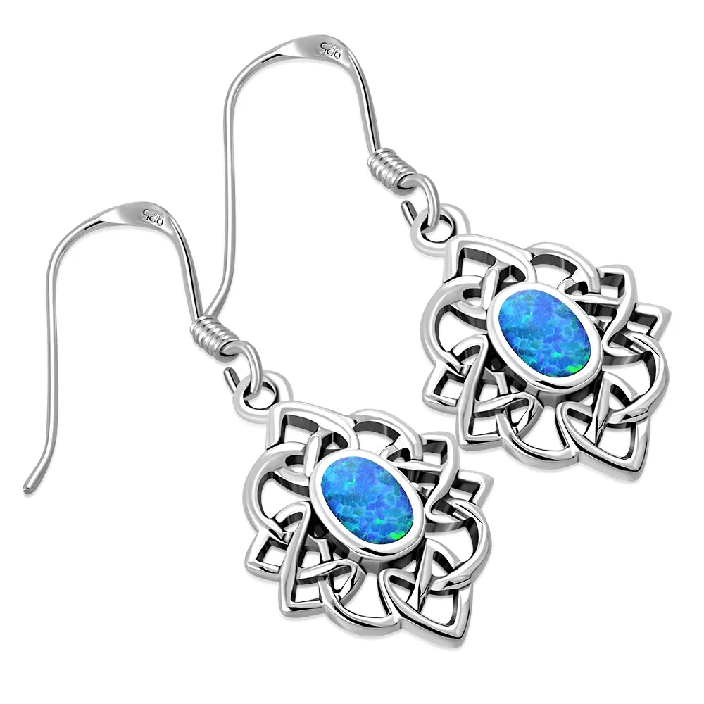 Synthetic Blue Opal Celtic Knot Oval Silver Earrings