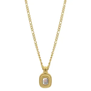 Tarnish Resistant 14k Gold Plated Figaro Chain with Clear Crystal Pendant Necklace