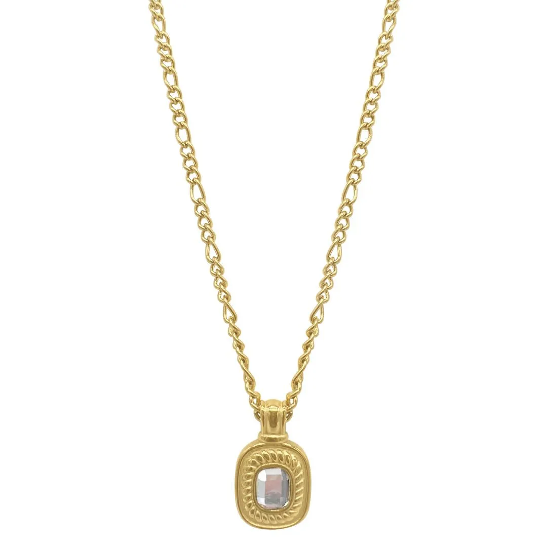 Tarnish Resistant 14k Gold Plated Figaro Chain with Clear Crystal Pendant Necklace