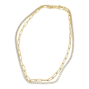 Tarnish Resistant 14k Gold Plated Paper Clip Chain and Tennis Necklace Set