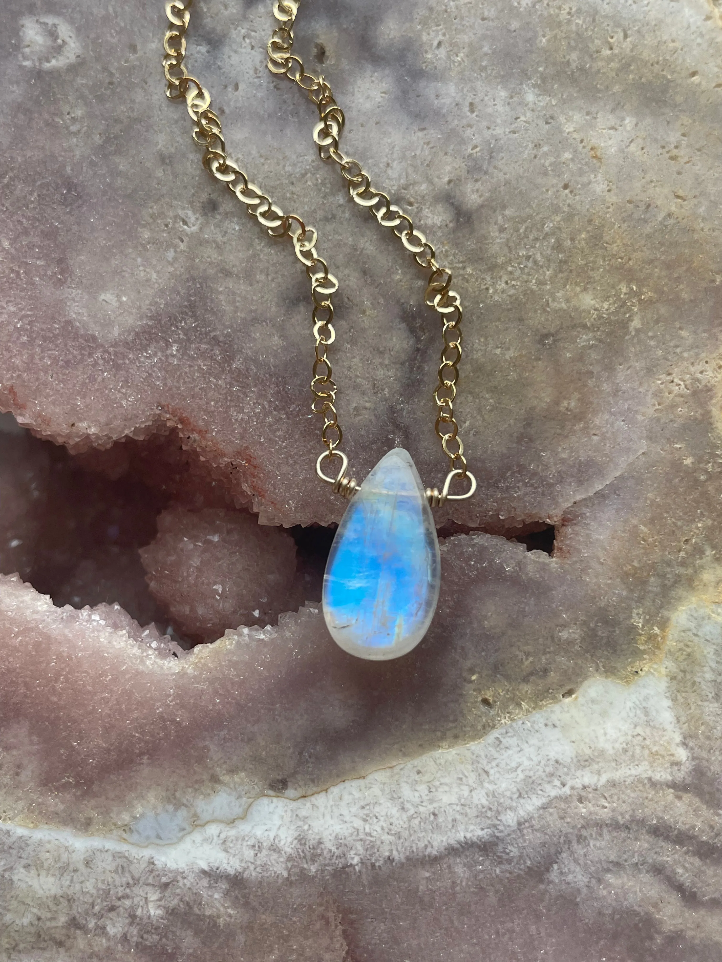 Tiny Rainbow Moonstone Pendant Necklace Sterling Silver or Gold Filled