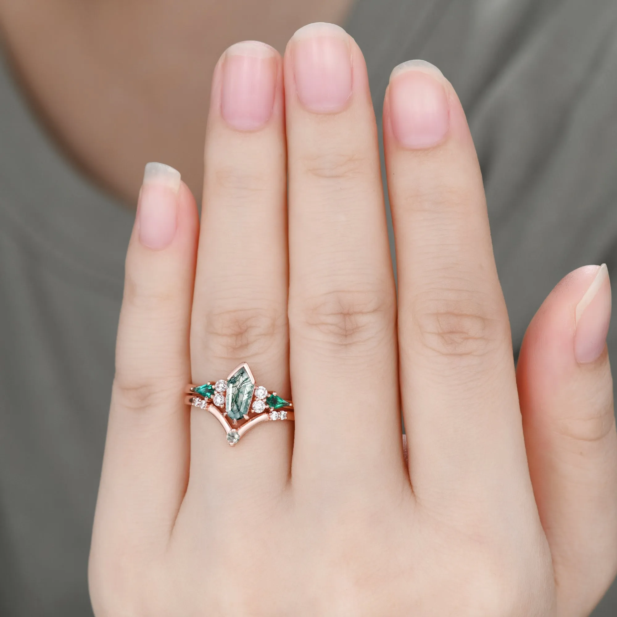 Unique Moss Agate Wedding Ring Set Rose Gold Gothic Engagement Ring Coffin Shield Cut