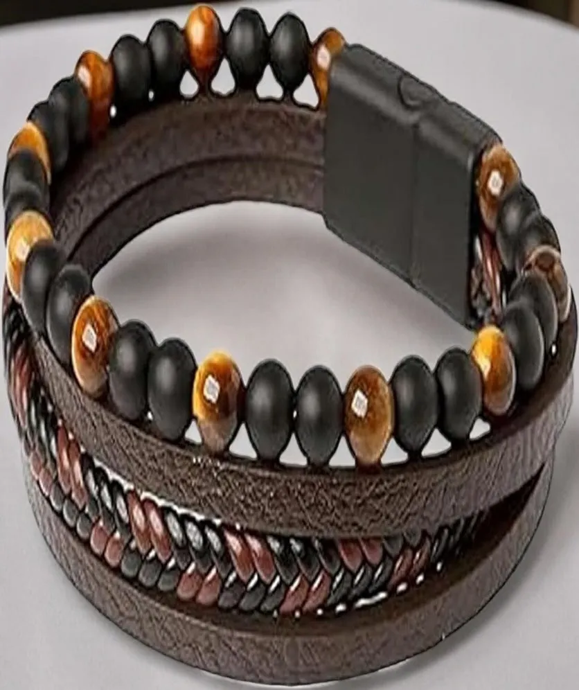 Unisex Leather Wrap Bracelet Multi Layer Wristband Braided Cuff Bangle Bracelets Wood Bead